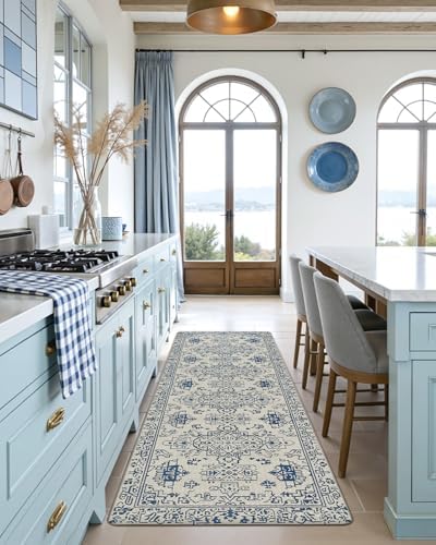 DEXI Kitchen Floor Mats Cushioned Anti Fatigue Runner Rug Blue and White