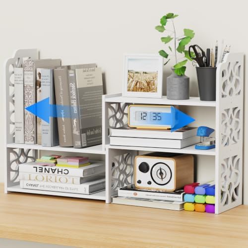 Desk Organizer Shelf, Adjustable Small Desk for Top of Desk, Desktop Shelf Organizer with Engraved Decoration, Multifunctional Desktop Storage Display Rack for Home Office, Dorm, Study