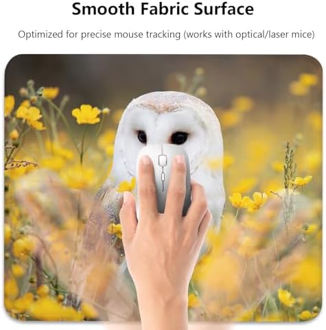White Barn Owl Spring Yellow Wildflowers Mouse Pad, Cute Durable Desk Mat