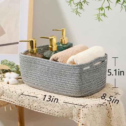 MiniArk Small Storage Baskets for Organizing | Closet Organizer Bins | Shelf Toy Basket | Woven Rope Baskets | Cube Decorative Box | Shallow Basket | 13x8.5x5.1” | 4 Packs Mixed Grey