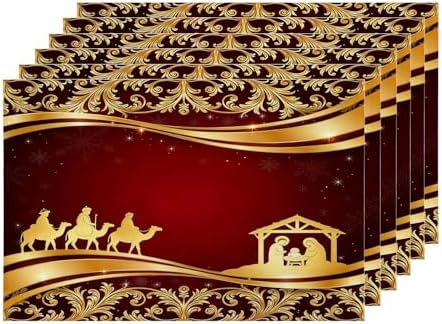Shrahala Christian Christmas Golden Floral Set of 6 12 X 18 Inch Linen Placemats, Christmas Wise Men Golden Star Bethlehem Burlap Table Mat Washable Double Layered Heat Insulation for Indoor/Outdoor
