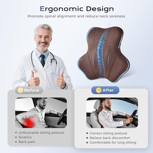 Coverado Car Lumbar Support Pillow and Car Neck Pillow Kit, Ergonomic Design Car Headrest Pillow for Driving, Relax Back Head Muscles Relieve Driving Fatigue, Breathable & Removable Cover