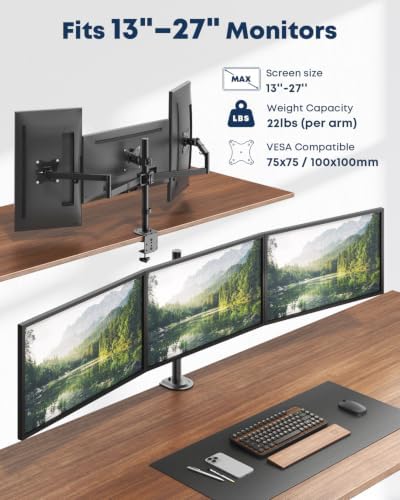 Triple Monitor Desk Mount for 13-27 Inch Screens, VESA 75/100