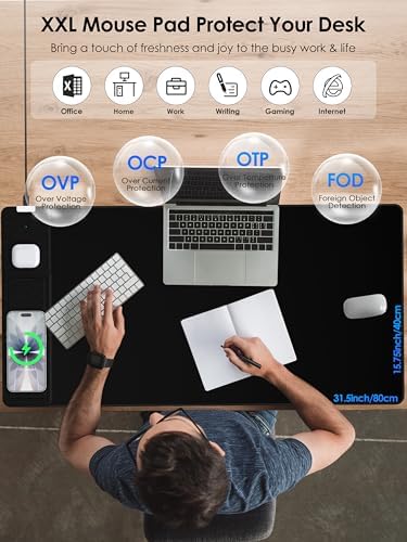 Wireless Charging Mouse Pad with Foldable Phone Holder, 15W Magnetic Fast Charging for iPhone Samsung, 31.5"x15.75" Large Desk Mat for Laptop/Keyboard, Waterproof Gaming Mousepad with Non-Slip Base