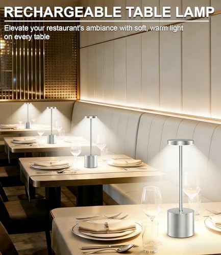 Silver Cordless Table Lamp Rechargeable - 2 Pack 5000mAH Battery Operated Lamp for Counter, 3 Color Stepless Dimming Waterproof LED Wireless Lamp for Dining Kitchen, Outdoor Patio, Touch Control