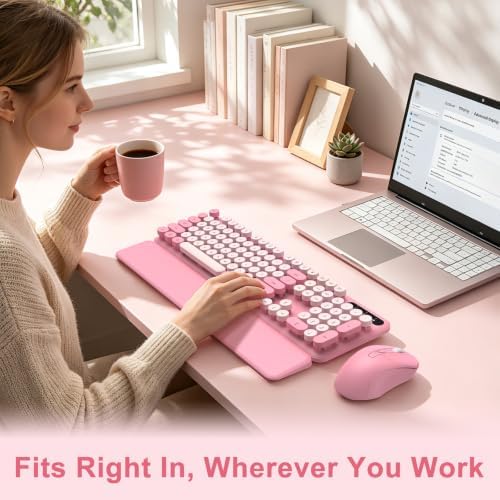 Pink Wireless Keyboard and Mouse Combo, Magnetic Wrist Rest, Round Keycap