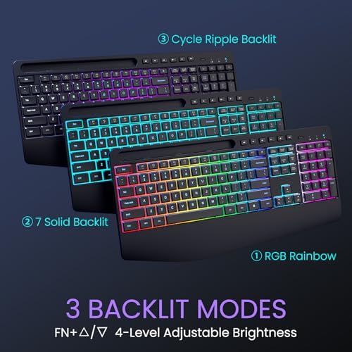 Wireless Keyboard and Mouse Combo- VEILZOR 2.4G Rechargeable Keyboard with Phone Holder, Ergonomic Wrist Rest, 9 RGB Backlit Effects, Silent Keyboard Mouse Set for Windows, Laptop, PC