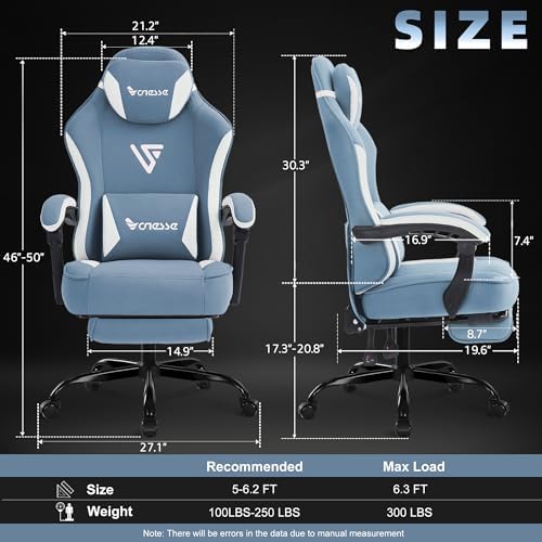 Vonesse Gaming Chair, Computer Chair Fabric with Pocket Spring Cushion, Office Chair with Footrest and Massage Lumbar Support, Reclining Gaming Chairs for Adults 250LBS (Blue)