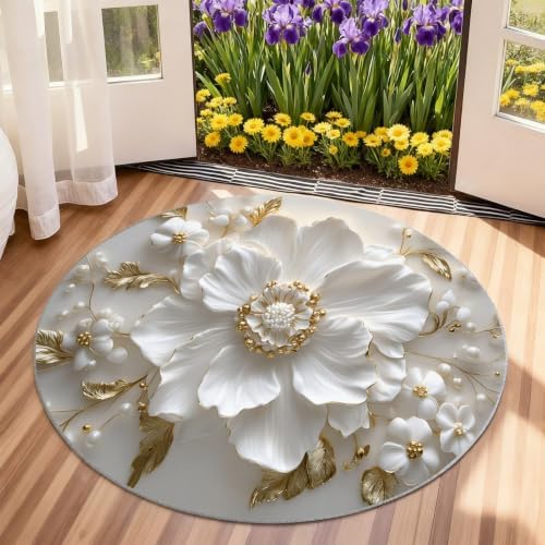 Floral Round Rug - 8ft Washable Relief Floral Round Area Rug for Living Room, Modern Luxury Circle Rugs Soft Non-Slip Carpet for Bedroom Dining Table Coffee Table Decor Mat
