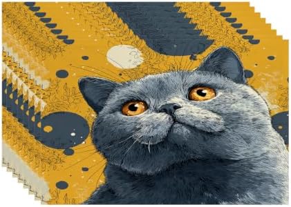 Batmerry Cute Cat Placemats, Gray Yellow Background Big Eyes Washable Linen Table Mats for Kitchen Table Double Insulation Decor Dining Set Indoor Outdoor 12X18 in Set of 8