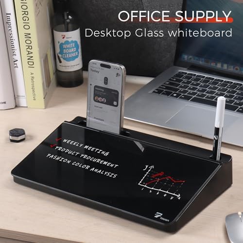TOWON Compact Glass Desktop Whiteboard with Storage 12x7 in, Black