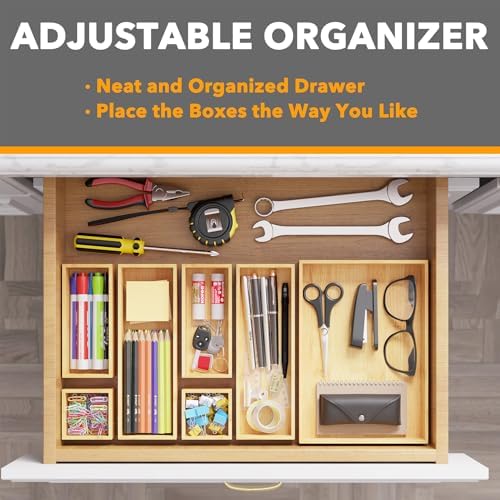 SpaceAid 7-Piece Bamboo Drawer Organizer Storage Boxes Set, Wood Tray Junk Drawer Organizers Multi-Use Divider Bins for Kitchen, Bathroom, Office Desk and Makeup Organization (7 Pack, Natural)
