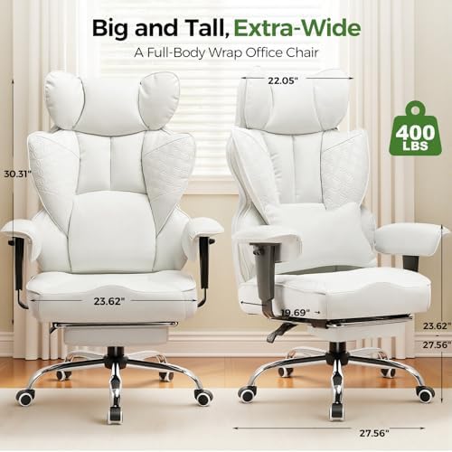 GTPOFFICE Big and Tall Office Chair 400LBS Wide Seat Computer Gaming Chair with Footrest & Comfy Lumbar Support, Leather High Back Executive Chair with Ergonomic Pressure Relief Seat Cushion, White