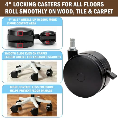 5-Pack 4" Extra Large Locking Chair Wheels for Carpet Hard Floors
