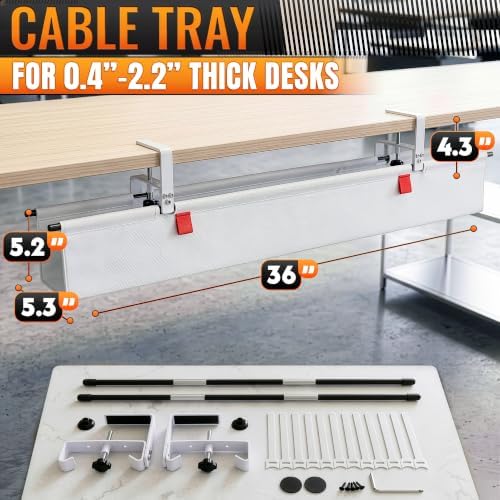 Under Desk Cable Management Tray 36" — No Drill Clamp-On Cord Organizer for Desk with Built-in Ties, Heavy Duty Metal Clamp, Foldable 600D Oxford Fabric for Home Office, WFH & Gaming PC Setup (White)