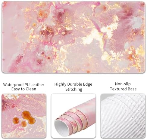 QiyI PU Leather Desk Mat Set, 4-in-1 Ergonomic Wrist Rest, Pink Marble