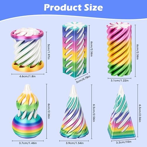 6 Pack 3D Printed Spiral Cone Fidget Toys Candy Gradient Desk Set