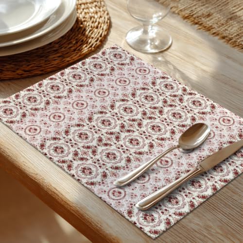 Shrahala Vintage Victorian Floral Set of 4 12 X 18 Inch Linen Placemats, Ornate Rose Scroll Burlap Table Mat Washable Double Layered Heat Insulation for Indoor