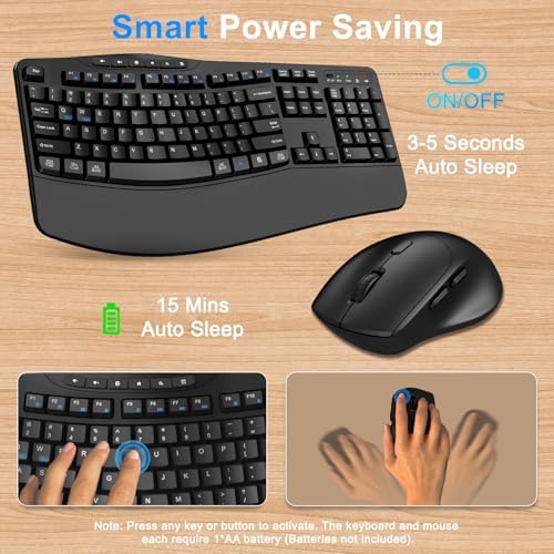 Wireless Keyboard and Mouse Combo, 2.4G Ergonomic Wave Keys(Black)