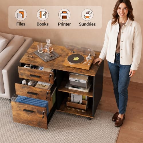 DEVAISE 3-Drawer File Cabinet with Lock, Wood Filing Cabinet, Rustic Brown