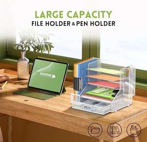 5-Tier Desk Organizer with File Holder & Pen Holder & Sliding Drawer, White