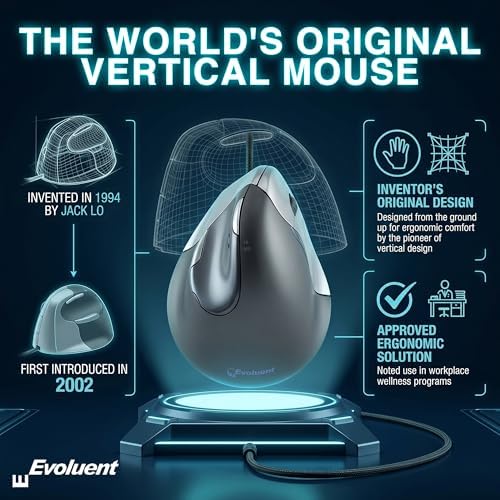 Evoluent – World's Original Vertical Mouse, Wired Ergonomic Mouse for Right Hand, Medium to Large, Helps with Carpal Tunnel and Wrist Strain, Customizable 6 Buttons, 4 Speed Settings, Comfortable Grip