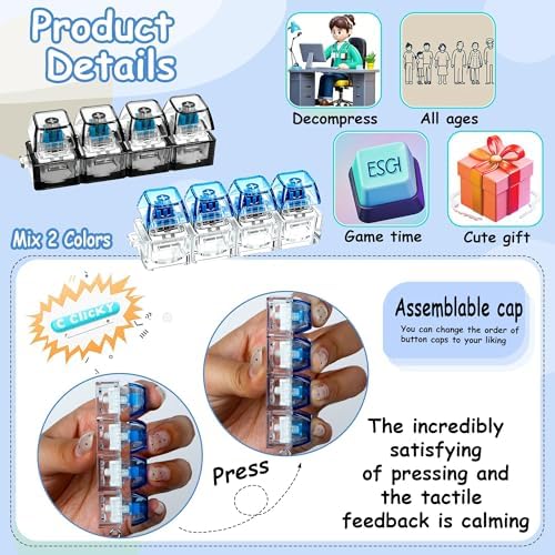 2 PCS Keyboard Fidget Toy, Keyboard Fidget Keychain 4-in-1 Keyboard Decompression Button Finger Clicker Toys, Button Stress Relief Fidget Gifts to Relief Stress (Black Blue)