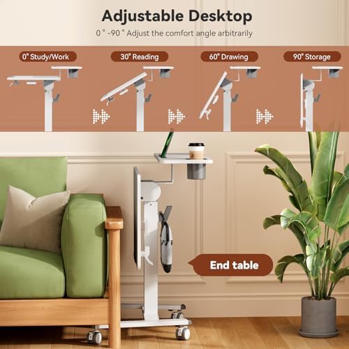 28" Mobile Standing Desk, Tiltable Top with 2-Tier Shelves, White