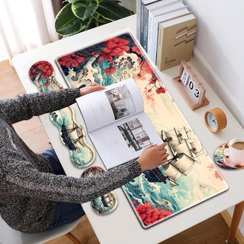 Mouse Pad Combo, Large Gaming Mouse Pad + Keyboard Wrist Support + Mouse Wrist Rest + Coaster, Table Pad 31.5 "x 11.8" with Memory Foam Ergonomic Wrist Pad Set, Pirate Ship Landscape Pattern