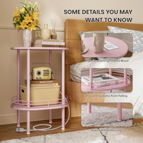 Small Oval Side Table with Charging Station, 2-Tier Pink Round End Table