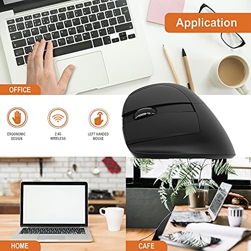 J-Tech Digital Left Handed Wireless Ergonomic Vertical Mouse for Small Hands with USB Nano Transceiver, AA Battery, 4 DPI, Compatible with Mac and PC, Black [V628ML]