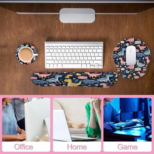 Cute Dinosaur Mouse Pad with Wrist Rest Set, 3-in-1 Wrist Support Mousepad Set, Gaming Mat Pad with Anti-Skid Base,Ergonomic Memory Foam Mouse Pad Set for Women, Office, Typing, Gaming