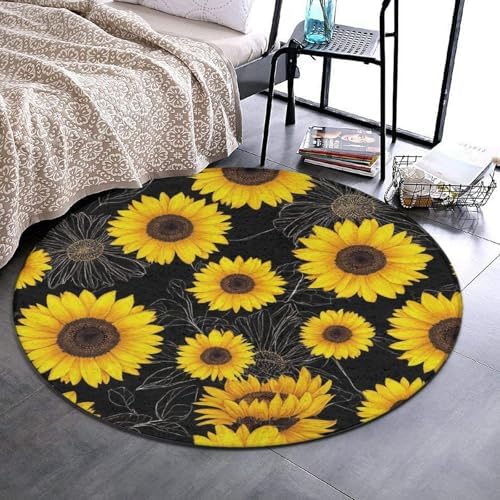 Soft Round Yoga Carpet, Large Home Decor Mat, Non Slip Machine Washable Kitchen Office Circle Rug Floral Sunflower Black