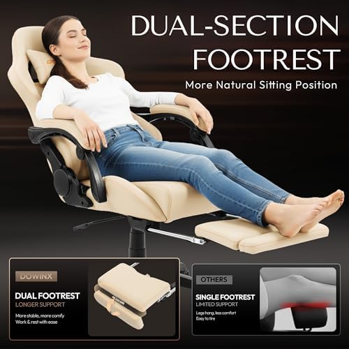 Dowinx Big & Tall Vintage Gaming Chair for Adults, 400 lb Capacity Heavy Duty Ergonomic Computer Chair with Dual Extended Footrest & Massage, Ivory White