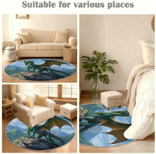 Dragon Round Rug - 8ft Washable Western Dragon Round Area Rug for Living Room, Boy's Room Playroom Circle Rugs Soft Non-Slip Carpet for Bedroom Dining Table Coffee Table Decor Mat