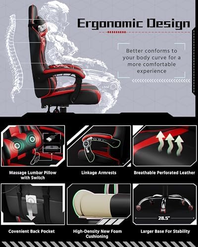 Yaheetech Gaming Chair with Massage Lumbar Pillow High Back Reclining Red