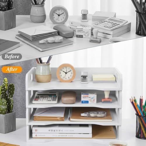 Yinkin Wooden Stackable Paper Trays 4-Tier Wooden Paper Organizer for Desk Letter Documents Woodens Desktop File Organizers for Desktop File Holder and Office Supplies Rack for Home Office Use(White)