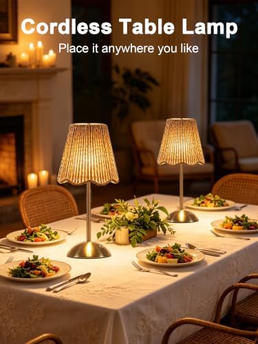 Boho Rattan Table Lamp,Small Wicker Lamp,Rechargeable Led Desk Lamp