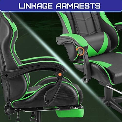 Huracan Gaming Chair with Footrest, Ergonomic Computer Chair Lumbar Support, Adjustable High Back Recliner for Adults, Racing Style Video Gaming Chairs, for Home Office Streaming, Green