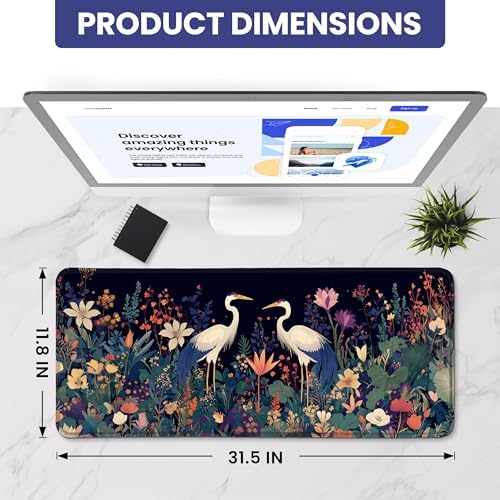 Aesthetic Desk Mat, Cute Midnight Cranes Desk Pad Protector for Work & Decor, 31.5" x 11.8", Pretty Non-Slip Extended Mouse Pad for Office or Home