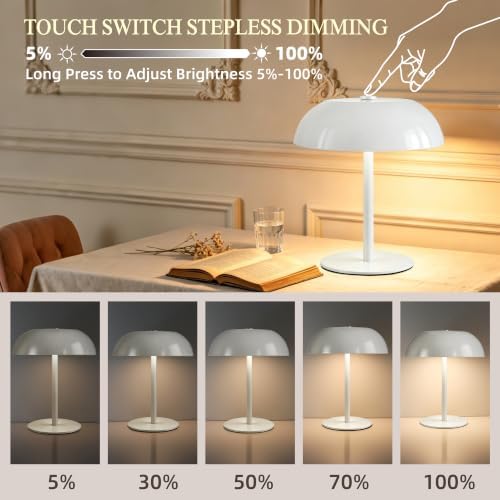 2 Pack Portable LED Mushroom Table Lamp, 12H Cordless Metal Night Light with Rechargeable Battery, Stepless Dimmable 3 Colors Desk Lamp for Bedroom Bar Coffee Shop(White)