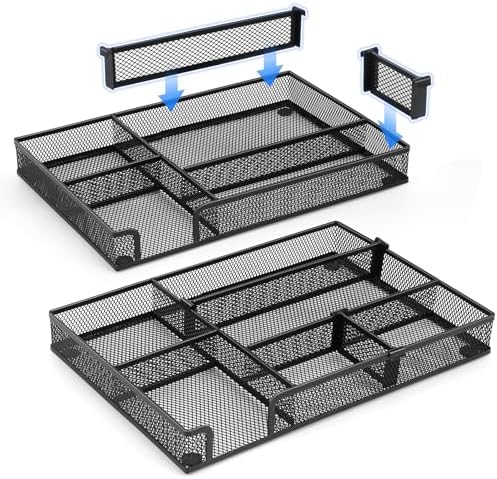 Desk Drawer Organizer, 2 Pack Junk Drawer Organizer Tray with 2 Adjustable Compartments, Desktop Metal Mesh Office Desk Organizer, Multifunction Pen Organizer Set for Office School Makeup Supplies (2)