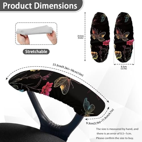 Butterfly Flower Print Office Chair Arm Covers, 2 Pack Dust-Proof Chair Arm Rest Covers Washable, Comfort Elastic Office Chair Armrest Slipcovers for Rotating Chairs