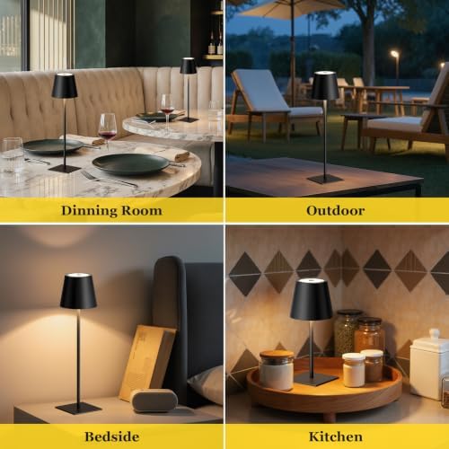 Kakanuo Cordless Rechargeable Table Lamp Black 5000mAh Battery Operated Lamps, 3 Colors Stepless Dimming Touch Lamp for Dining, Living Room, Outdoor Patio, Kitchen Counter, 4 Pack