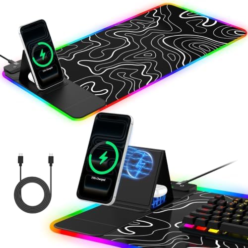 RGB Mouse Pad with Foldable Phone Stand Wireless Charger, 31.5"x11.8" XL Gaming Mousepad Large Desk Mat, Desk Pad with 11 Colors 5 Modes, Waterproof