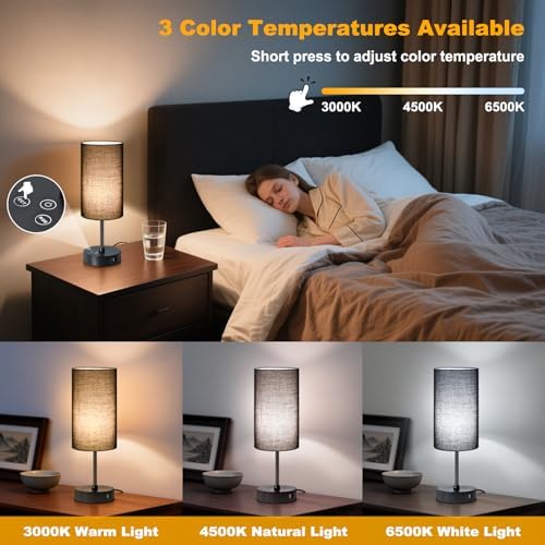 Unicozin Table Lamp with 3 CCT (3000K/4500K/6500K), Stepless Dimmable Bedside Lamp with 7 Color Changing, Modern Nightstand Light with Black Shade for Bedroom, Kids Room, Home, Office