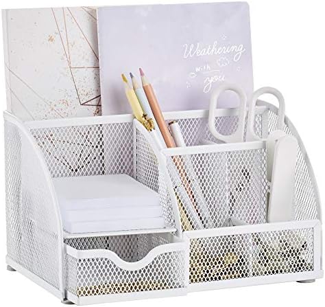 Annova Mesh Desk Organizer Office with 7 Compartments + Drawer/Desk Tidy Candy/Pen Holder/Multifunctional Organizer (White)