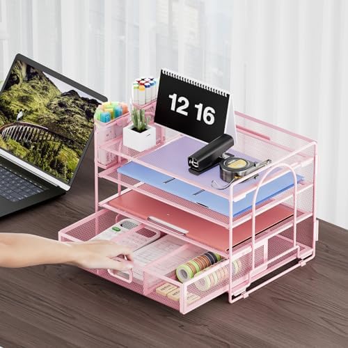 Marbrasse Desk Organizer, 4-Tier Paper File Letter Tray, Pink