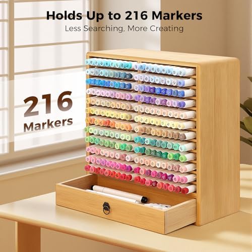 Marker Organizer, Bamboo Storage Rack With Drawer for Hold 216 Markers