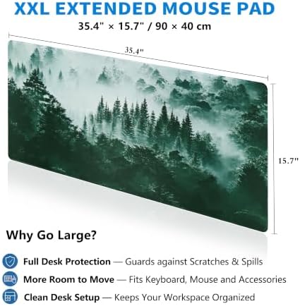 Extended Misty Forest Desk Mat, XXL Large Gaming Mouse Pad, Tree Woodland Nature Stitched Edges Waterproof with Non-Slip Rubber Base for Computer Keyboard Laptop Work Home Office 35.4"x15.7"